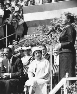 [Mayor Beth Woods speaks at Queens Park for H.R.H. Queen Elizabeth and H.R.H. The Prince Philip D...