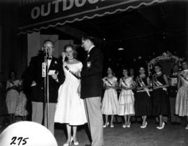 Glenda Sjoberg, Miss P.N.E. 1955, with P.N.E. directors on Outdoor Theatre stage