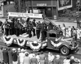 Vancouver Fire Department float in parade, draegermen