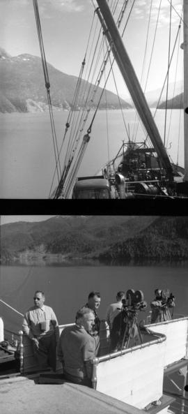 [Alaskan glacier from USS boat; Film crew shooting glaciers in Alaska from USS boat]