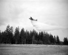 [Water bomber dropping water on a forested area beside a field in Abbotsford]
