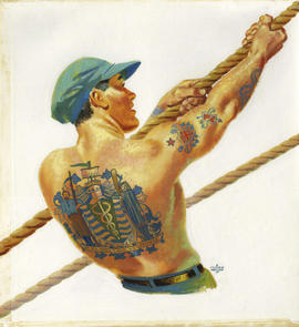 Tattooed man pulling on rope