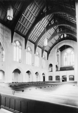Looking north-east, arcade aisle and echo organ loft [St. Andrew's Wesley United Church]