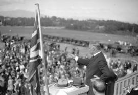 [Colonel George O. Fallis delivering dedicatory address at opening of Memorial Park]