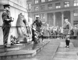 [American officers place wreath at cenotaph during ceremony at Victory Square, 100 to 200 block W...