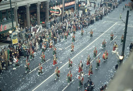 43rd Grey Cup Parade, on Granville Street at West Pender, Shriners marching band and spectators