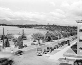 [View of Kitsilano pool and beach area looking northeast from the corner of Cornwall and Balsam S...