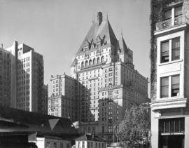 Hotel Vancouver from Burrard Street and Georgia Street, with Christ Church Cathedral