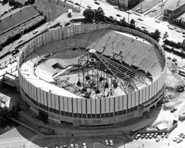 Aerial view of partially completed construction of Pacific Coliseum