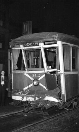[View of wrecked street car after a collision with another street car]