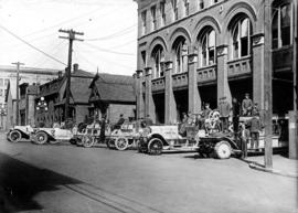 [Firefighters and motorized equipment in front of Firehall No. 2, 754 Seymour Street]