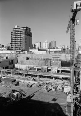 Construction site of the Provincial Court House complex at corner of Robson and Hornby Streets