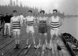 Vancouver Rowing Club Regatta, Coal Harbour [4 man crew on dock]