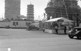 [Chinese pagoda and arch erected at Carrall and Pender Streets for Vancouver Golden Jubilee celeb...