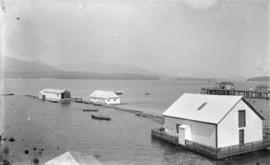 [Swimming baths and boat rental floats in Burrard Inlet at the foot of Bute Street]
