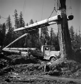 [Logging truck being loaded using a crane made of logs]