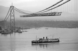 [Union steam ship passing under the Lions Gate Bridge under construction]