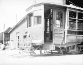 [Front end of streetcar, showing safety fender]