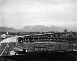 After [south end of Granville Street Bridge with traffic, looking north]