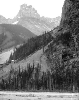 Cathedral Rock, showing C.P. Rly. and Mt. Stephen Tunnel near Field, B.C.