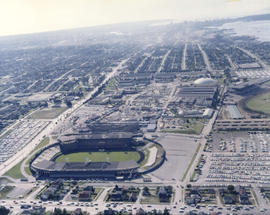 Aerial view of P.N.E. grounds and surrounding area looking west