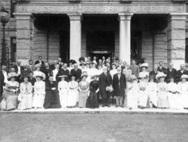 [Group portrait in entrance to Vancouver General Hospital for the visit of Lord Strathcona and Si...