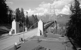 [View looking north of the sculptures at the south end of the Lions Gate Bridge]