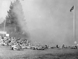 [The Edmonton Fusiliers putting on a smoke screen demonstration at the Narvaez Pageant at Amblesi...