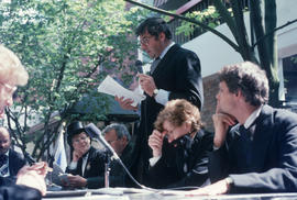 Michael Francis speaking at reenactment of Vancouver's first City Council meeting at 12 Water Street