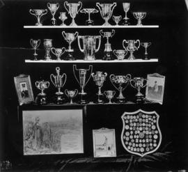 Display of Archie McDiarmid's trophies and certificate of participation in 1920 Olympic games