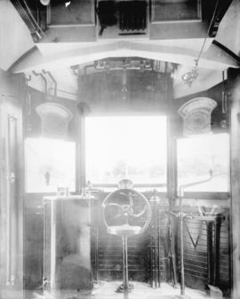 [View of interior of motorman's vestibule in B.C. Electric instructional streetcar S-76]