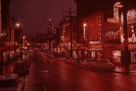 [View of East Pender Street at night]