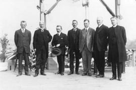 [A group of officials prepare to lay a foundation stone for Prince of Wales School at King Edward...
