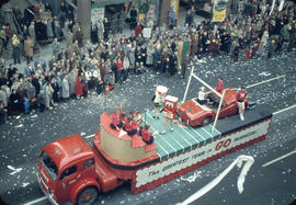 43rd Grey Cup Parade, on Granville Street, Home business float and spectators