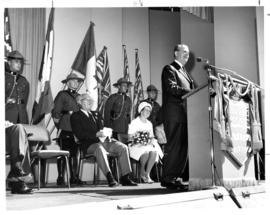 1966 P.N.E. official opening ceremonies : [Premier W.A.C. speaking on Outdoor Theatre stage]