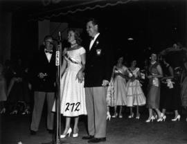 Glenda Sjoberg, winner of Miss P.N.E. 1955, with P.N.E. directors on Outdoor Theatre stage