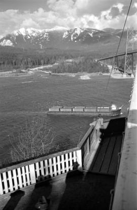 [View from Prospect Point of a barge approaching the Lions Gate Bridge]