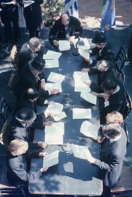 View from above of reenactment of Vancouver's first City Council meeting at 12 Water Street