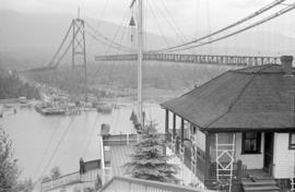 [View from the Prospect Point signal station of the Lions Gate Bridge under construction]