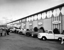 Trucks lined up outside of 1959 General Motors Motorama show in Pacific Showmart building