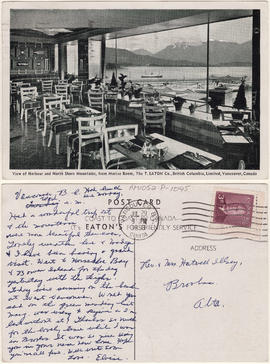 View of harbour and North Shore mountains, from Marine Room, The T. Eaton Co., British Columbia, ...