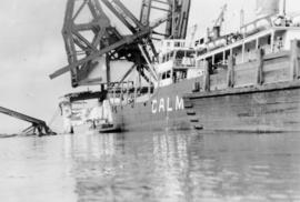 Close-up of S.S. Losmar aground on south shore after colliding with 150 foot span : April 24, 1930
