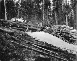 Eagle Lake Sawmills, Giscome, B.C.  Three man sawmill in the woods