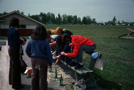 Women playing game with popsicle sticks in Oak Park, at Fremlin and 59th Avenue