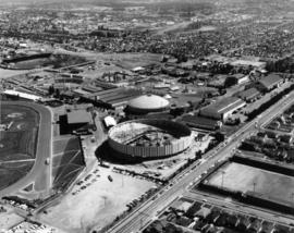 Aerial view of partially completed construction of Pacific Coliseum