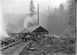 [Team of horses in front of an outdoor mill]