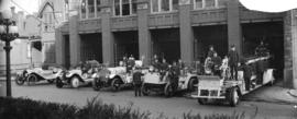 [Firehall No. 2 on Seymour Street with firemen in fire trucks in front of the firehall]