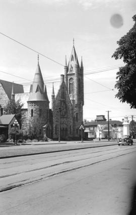 [View of Metropolitan United Church at Pandora Avenue and Quadra Street in Victoria, B.C.]