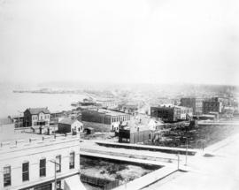 [View of buildings near waterfront, looking east from Hastings and Seymour Streets]