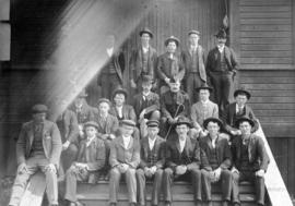 [Men who enlisted in the 5th Canadian Mounted Rifles on the drill house steps prior to leaving fo...